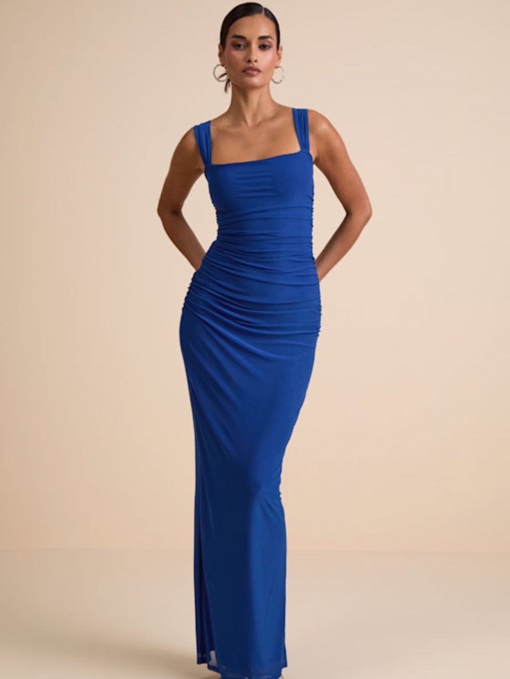 Lulus Amazing Presence Blue Mesh Ruched Column Maxi Dress - Size M
